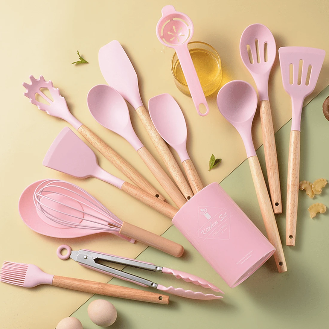 14Pcs Set Silicone Kitchen Utensils Set Non-Stick Cooking Spoon And Baking Tools,Color Optional - Pink - View 1