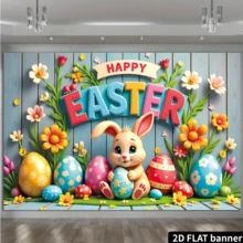 70x43 Happy Easter Banner Flag 1pc Vibrant Easter Bunny And Colorful Eggs Banner - 70x43 Polyester, "Happy Easter" Holiday Decor Flag, No Electricity Needed, Great For Indoor/Outdoor Celebrations And Photography Backdrop - Multicolor - View 3