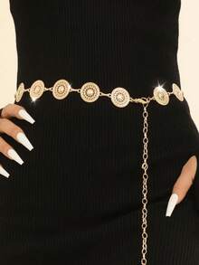 1pc Women Hollow Round Waist Chain, Silver-Color Metal Decor Waist Belt Summer, School Fall, Autumn, Halloween - Silver - View 1