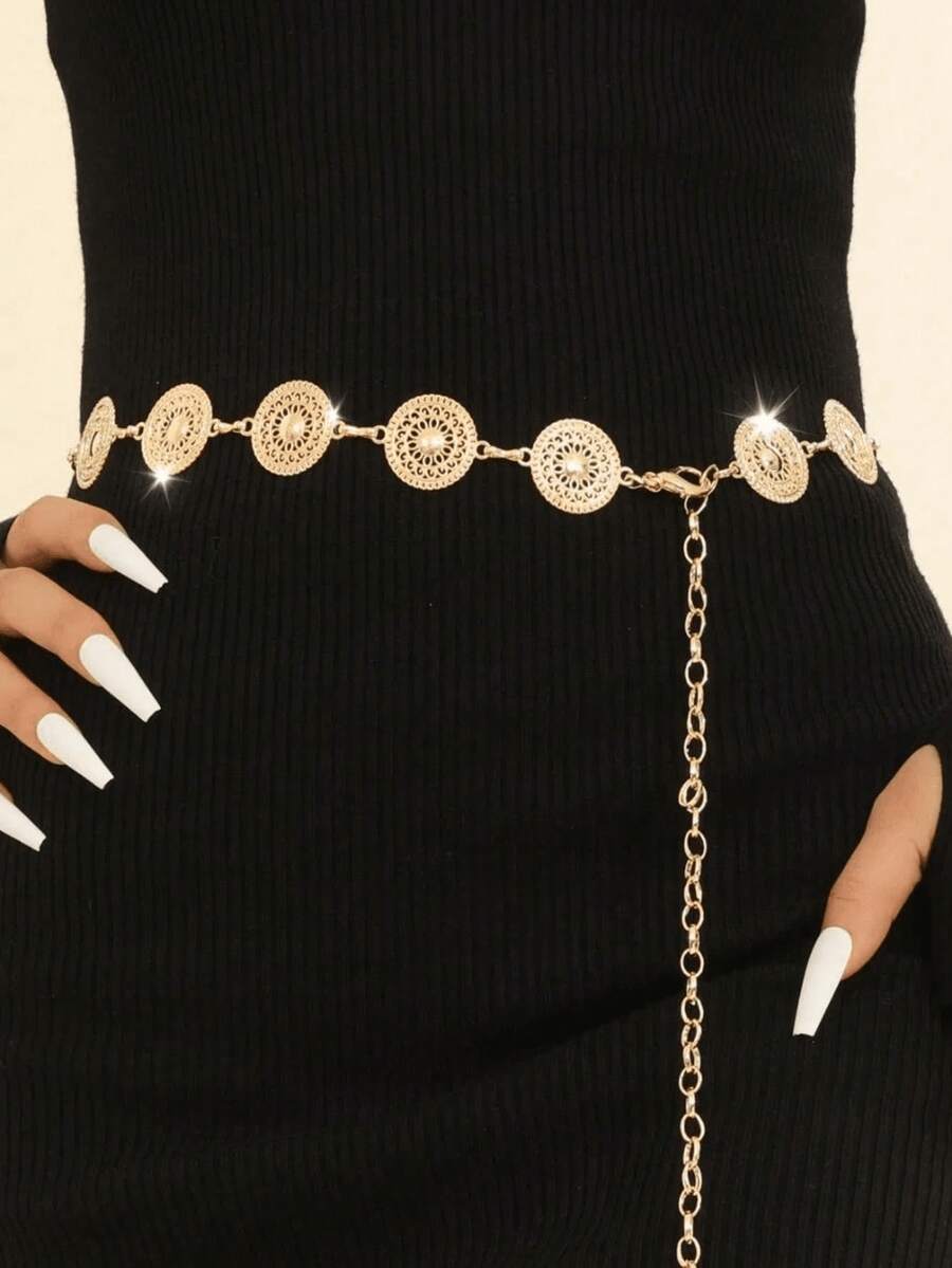 1pc Women Hollow Round Waist Chain, Silver-Color Metal Decor Waist Belt Summer, School Fall, Autumn, Halloween - Silver - View 1