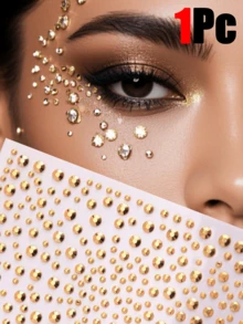 2片金色闪亮脸部宝石贴纸，锐舞派对妆容水钻贴纸，Y2K风格音乐节DIY眼部及面部装饰，情人节礼物 - 彩色 - 查看 6