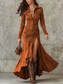 Elegant Vintage Fit And Flare Long Sleeve Button Front Shirt Dress With Ruched Ruffle Hem Flounce Design - Màu caramel - Xem 2