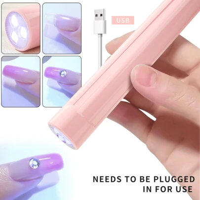 XEIJAYI 【无需电池】便携式LED美甲灯笔，迷你美甲烘干机，适用于假指甲，粉色单指美甲烘干机，可用于手指甲、脚趾甲、凝胶指甲油