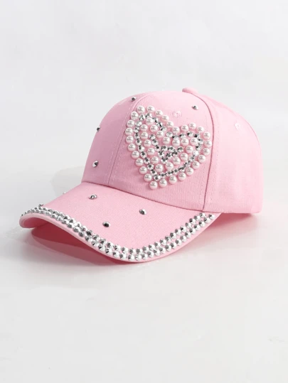 1顶成人珍珠水钻心形棒球帽，时尚百搭的遮阳帽，适合男女春夏户外佩戴，日常百搭，街头风十足，生日、情人节送给女友的绝佳礼物