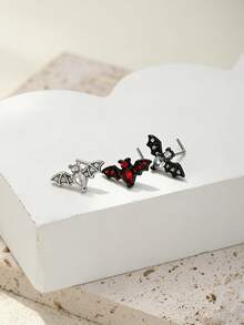 1pc Gothic Style Stainless Steel Red Rhinestone Bat Nose Stud, Unisex Dark Style Party Piercing Accessory