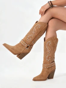 Women's Western Knee High Boots With Rhinestone Embroidery, Chunky Block Heel Cowboy Boots, Pointed Toe Faux Suede Fashion Outdoor Boots For Fall Winter Outfits - 駝色 - 查看 4