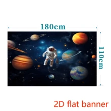 Banner plano 2D (1 peça), tecido com fundo de foguete extraterrestre e astronauta, ideal para decoração de mesa de bolo em festas de aniversário, banners, fundo para fotos, adereços para cabine de fotos e artigos para festas com temas de planetas e galáxias.