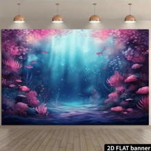 2D Plat 1 pièce, fond de photographie sous-marin avec écailles de paillettes violettes et bleues de varech, décoration d'anniversaire de sirène, toile de fond pour gâteau de fête, accessoires de photomaton, fournitures de fête