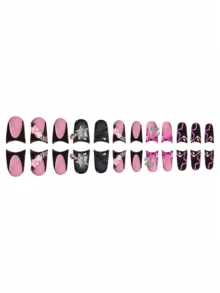 24个情人节美甲夹，设计甜美、时尚、高端，饰有浮雕心形水滴和蝴蝶结装饰——粉色和裸色撞色拼接——适合女孩和女士。礼品包含果冻胶和指甲锉。 - 紅色 - 查看 5