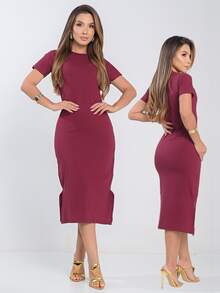 Vestido Midi Feminino Manga Curta Fenda Lateral Elegante  Casual    Algodão - Marsala - Visão 2