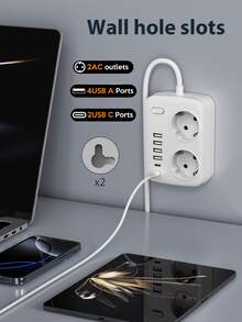 1个45°倾斜旅行适配器 | 2个USB-C端口（100W PD充电）+ 4个USB-A端口 | 8合1多功能充电集线器，适用于笔记本电脑、手机、平板电脑、相机等 | 小巧便携设计，是旅行、办公和居家桌面的理想之选 | 采用阻燃耐热材料制成，内置智能保护芯片，性能可靠 | 兼容全球电压，多端口和宽间距插头，节省空间。