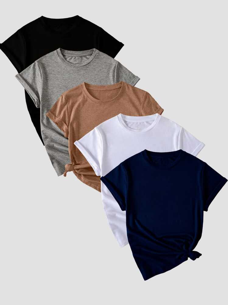 Conjunto de camiseta de manga corta para mujer de 5 piezas, diseño sencillo y moderno, adecuado para uso diario y citas durante todo el año. - 5 piezas multicolor 12 - Añade 10