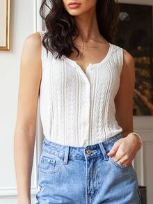 Women's Elegant Casual Knit Camisole Vest, Minimalist French Style Top, Solid Color Minimalist Scoop Neck Hollow Single-Breasted Knit Camisole, Fashionable Minimalist Commuter, Generous Elegant Slimming Versatile, Women's Street Wear White Summer - White - View 6
