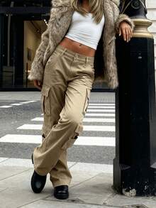 Stylish Women's Polyester Non-Stretch Cargo Pants, Long Length, Button And Pocket Details, Practical And Trousers For Casual Wear - Khaki - View 5