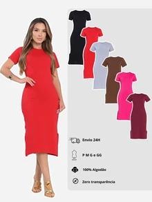 Vestido Midi Feminino Manga Curta Fenda Lateral Elegante  Casual    Algodão - Marsala - Visão 8
