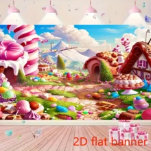 2D Flat Banner1pc Fantasy Candy Land Landscape Background Ice Cream Dessert Lollipop Photography Backdrop Cake House Birthday Party Decoration Banner Photo Studio Props Backgrounds Banner Decorations - 1 - View 4