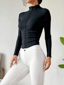 Chaqueta de yoga estilo Y2K con cremallera - Diseño ajustado y mangas largas con abertura para el pulgar - Negro - Ver 2