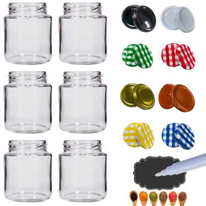 Kit 6 Potes Vidro Porta Tempero condimentos 240ml Etiquetas Lousa +caneta Branca Cozinha Prática Geleia Compota Conserva Doces Bolo Pote Lembrancinhas