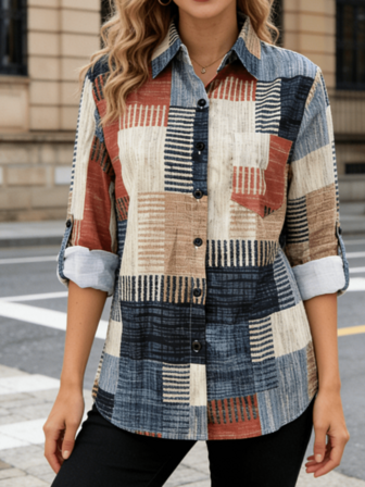 Women's Fashion Button Patchwork Pattern Long Sleeve Shirt, Shirt Collar, With Pockets, Polyester Fabric