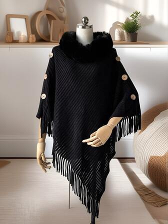 1pc Minimalist High-End Faux Mink Fur Collar Solid Color Knitted Poncho Shawl For Women, Autumn/Winter Fashion Versatile Warm Pullover Shawl Collar Jacket, Elegant Design Soft Edged Button Fuzzy Shawl Coat, Ideal Gift For Women