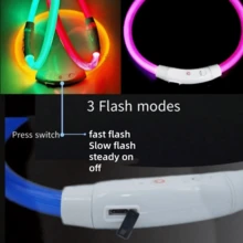 1个/2个装LED可充电发光PVC宠物项圈，3种照明模式，夜间可见，保障宠物安全，适合小型至大型犬猫，节日氛围项圈。项圈长度可根据需要修剪。本产品并非通用尺寸，请在购买前确认产品尺寸是否合适，并根据宠物的体重调整尺寸，以免使用过程中损坏产品。