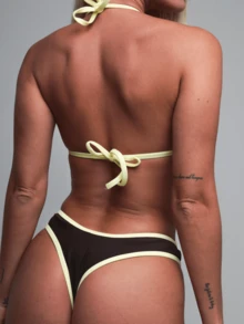 PEPPERMOLLY 新款柔软纯色露背系带性感比基尼泳衣，夏季海滩时尚女士度假装 - 棕色 - 查看 7