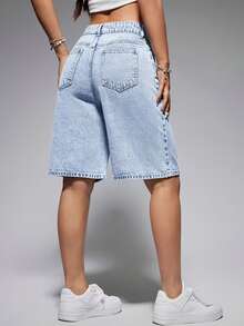 Quần short denim co giãn cạp cao màu xanh nhạt dành cho nữ và thiếu nữ - Thoáng khí, không xuyên thấu, dáng suông dài đến giữa bắp chân, thiết kế 5 túi cổ điển và chất liệu denim bạc màu - Có thể giặt máy. - Rửa nhẹ - Xem 2