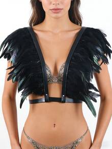 1件黑色羽毛束身衣和腰带，适合女性哥特式配饰、女巫装扮、派对角色扮演道具、节日服装配饰 - 黑色 - 查看 10