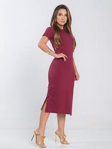 Vestido Midi Feminino Manga Curta Fenda Lateral Elegante  Casual    Algodão - Marsala - Visão 4