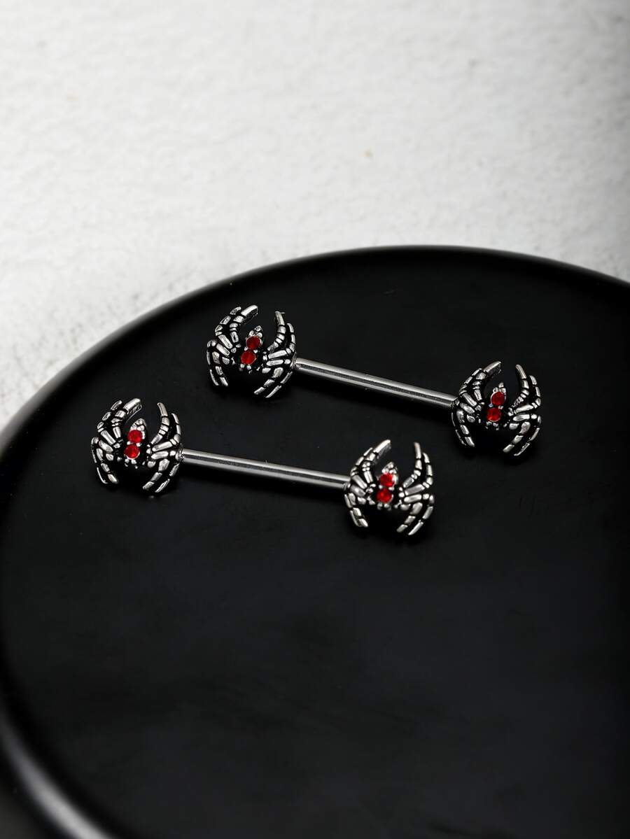 2 piezas Anillos para pezones de acero inoxidable con estilo punk con rhinestones rojos, accesorios de perforación unisex para fiestas - Multicolor - Ver 1