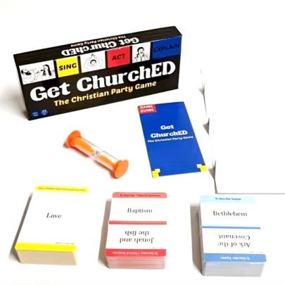 基督教主题派对桌游，宗教词汇互动游戏，教会团队建设家庭派对游戏，包含迷你圣经、派对用品，情侣桌游，多人派对游戏，圣诞节和新年理想节日礼物，促进家人和朋友互动（配件颜色随机）