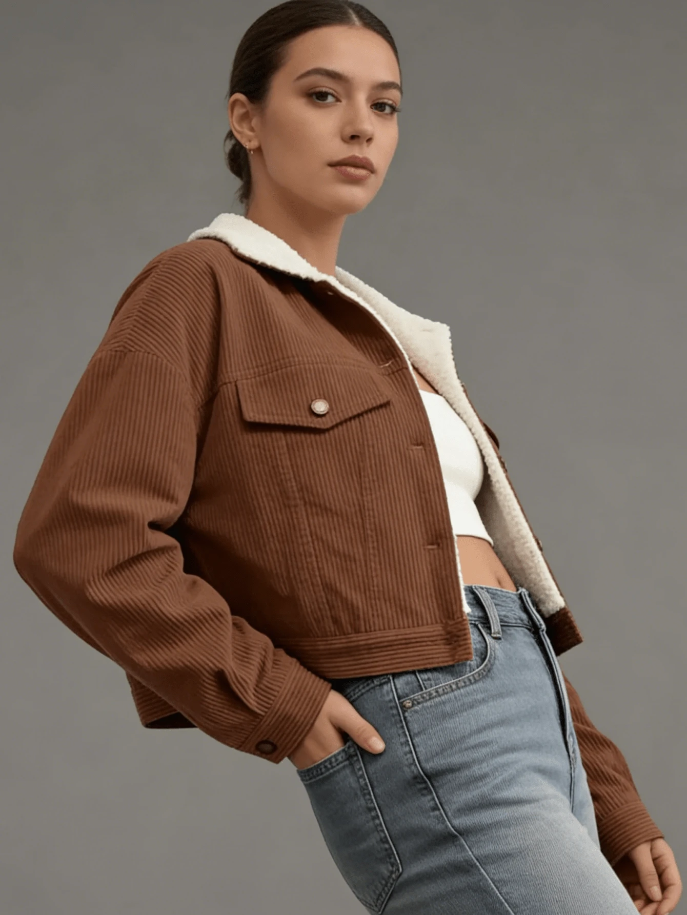 Women's Corduroy Sherpa-Lined Cropped Jacket - Blue & Multiple Colors, Loose Fit, Turn-Down Collar, Button-Front, Utility Pockets, Fall/Winter Warm Outerwear | Women's Casual Home & Outdoor Jacket | All-Age (Teens To Adults) Stylish Lined Coat - 棕色 - 查看 1