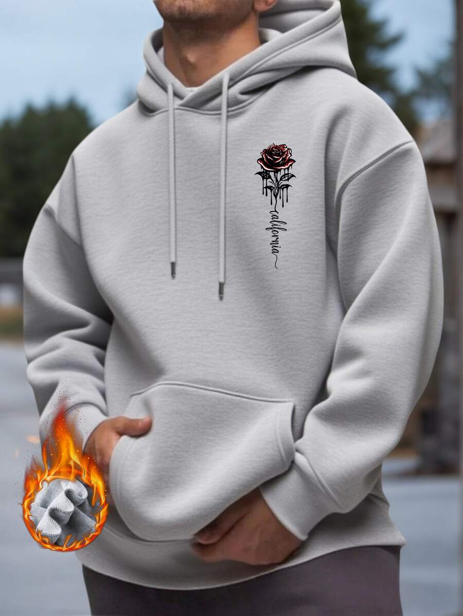 男士必备！新款秋冬街头风灰色玫瑰印花简约连帽卫衣，长袖上衣 - 灰色 - 查看 1