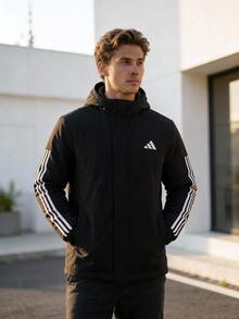 Adidas 男士纯棉连帽休闲夹克，简约设计，适合城市通勤、旅行、户外散步、运动、日常休闲穿着，舒适 JY8303 - 黑色 - 查看 1