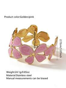 VceTd 1 pieza Brazalete de mujer con diseño floral 3D asimétrico minimalista, brazalete abierto de acero inoxidable con esmalte multicolor, adecuado para uso diario, fiestas, galas, bodas, regalo del Día de San Valentín - Amarillo Oro - Ver 12