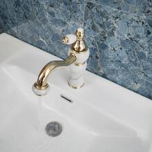 1pc White Marble Texture Bathroom Sink Faucet, Gold Decorative Ceramic Handles, Dual Control Hot & Cold, Luxury Retro Bathroom Countertop Basin Tap, G1/2 Interface, Includes 2pcs 50cm Hoses, G3/8 Adapter*2