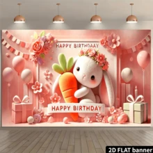 2D Flat 1pc Polyester Cute Rabbit Happy Birthday Theme Party Banner, Atmosphere Decor Background, Outdoor Festival Decoration, Home Garden Decor, Patio Decor, Patio Supplies - Pink - View 7