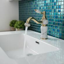 1pc White Marble Texture Bathroom Sink Faucet, Gold Decorative Ceramic Handles, Dual Control Hot & Cold, Luxury Retro Bathroom Countertop Basin Tap, G1/2 Interface, Includes 2pcs 50cm Hoses, G3/8 Adapter*2
