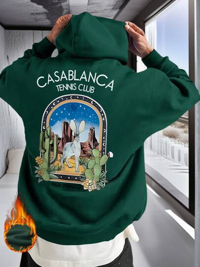 Men's Cactus Desert Graphic Print Fleece Hoodie, Fashionable Street Style For Autumn/Winter, Long Sleeve Top