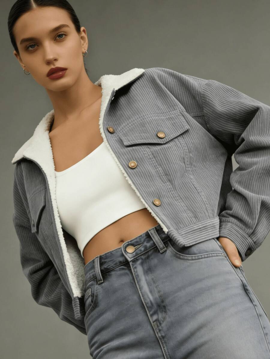 Women's Corduroy Sherpa-Lined Cropped Jacket - Blue & Multiple Colors, Loose Fit, Turn-Down Collar, Button-Front, Utility Pockets, Fall/Winter Warm Outerwear | Women's Casual Home & Outdoor Jacket | All-Age (Teens To Adults) Stylish Lined Coat - 灰色 - 查看 1