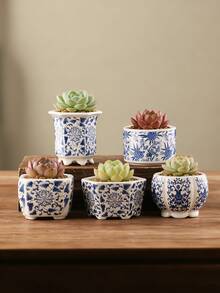 1pc/6pcs Blue & White Ceramic Succulent Planter, Chinese Porcelain Flower Pot With Drainage Hole, Small Bonsai/Cactus Pot, Suitable For Indoor Home Decor, Office Desk And Garden (Plants Not Included) - Multicolor - View 1