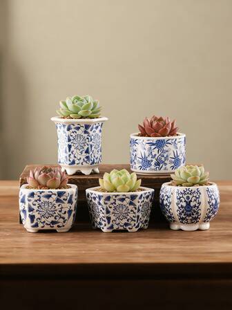 1 pieza/6 piezas Macetas de porcelana azul y blanca para suculentas y flores, macetas de cerámica china con agujeros de drenaje, macetas pequeñas para bonsái/cactus para decoración del hogar, oficinas y jardines (plantas no incluidas)