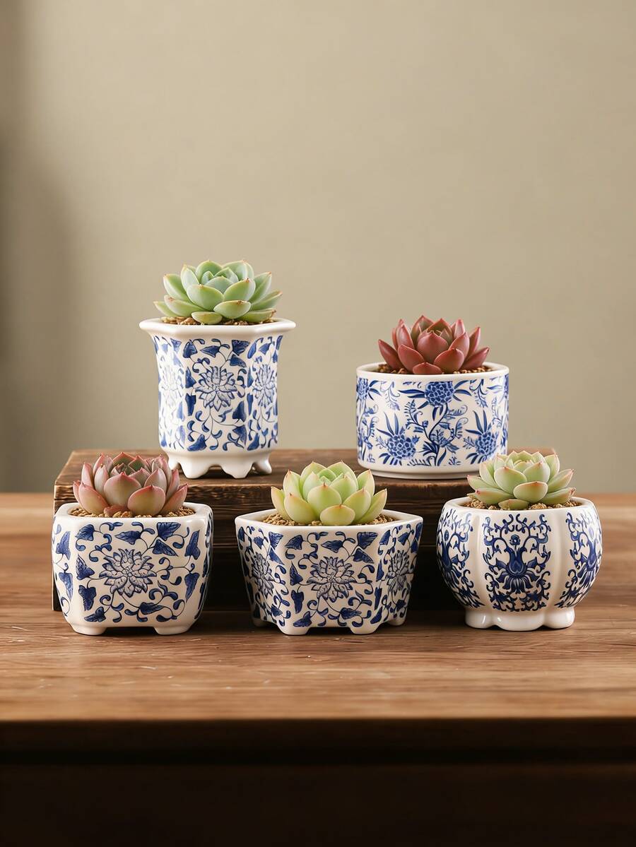 1pc/6pcs Blue & White Ceramic Succulent Planter, Chinese Porcelain Flower Pot With Drainage Hole, Small Bonsai/Cactus Pot, Suitable For Indoor Home Decor, Office Desk And Garden (Plants Not Included) - Multicolor - View 1