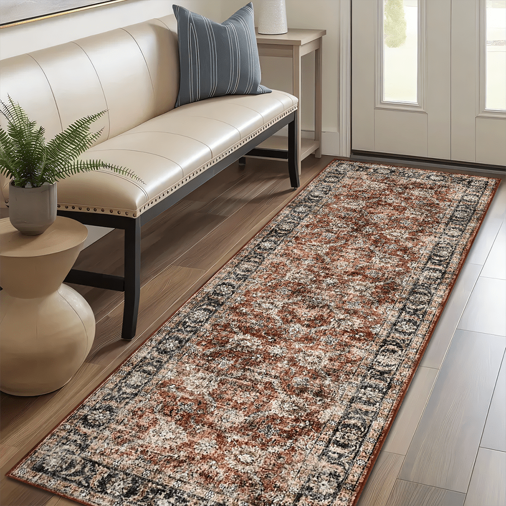 1pc Vintage Bohemian Floral Area Rug, Carpet, Doormat, Runner - Dark Color Classic Artistic Design, Suitable For Bathroom, Kitchen, Entryway, Hallway, Bedside, Living Room, Bedroom, Machine Washable, Home Decor