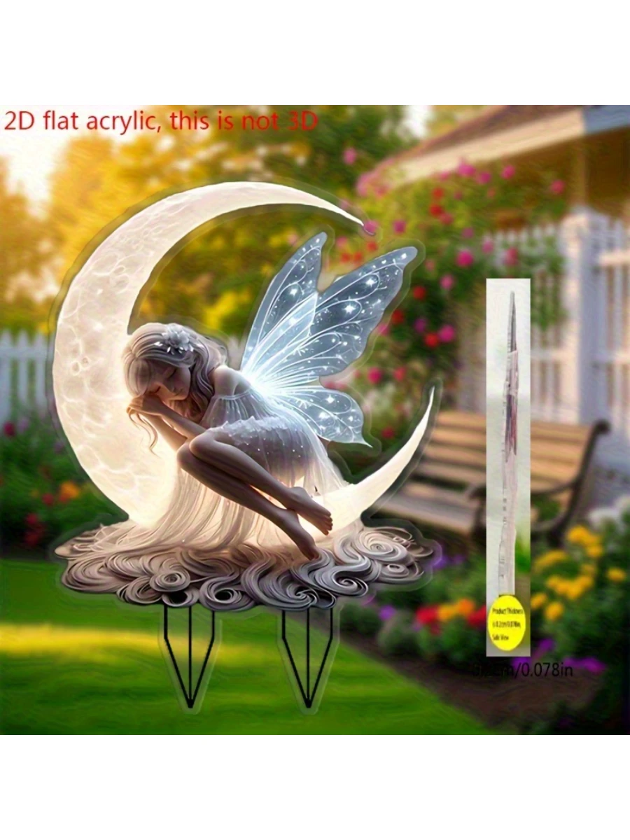2D亚克力3D月光仙子花园装饰牌，1个（4.92英寸*3.54英寸），适用于户外花园、草坪、盆栽植物景观装饰，无需电源 - 彩色 - 查看 1