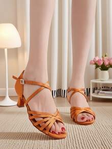 Girl's Latin Dance Shoes, Rhinestone Buckle Low-Top Peep Toe, Soft Sole Brown Shoes For Teenage Girls, 5.5cm Medium Heels, Suitable For International Cha Cha Dance, Modern Dance, Comfortable, Breathable, Lightweight, Durable - Brown - View 8