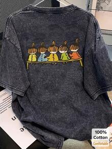 女士超大款复古黑色水洗短袖T恤，宽松版型，时尚设计 - 黑色 - 查看 1