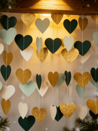 Olive Green And Gold Glitter Heart-Shaped Paper Wreath, Blending Deep Teal, Soft Mint Green, Shimmering Gold, And Elegant Cream Heart Shapes To Add A Romantic Luxurious Ambiance To Any Occasion, Whether Weddings, Birthday Parties, Or Home Decor. An Ideal Choice For Weddings, Bridal Showers, Birthdays, Anniversaries, And Room Decorations.