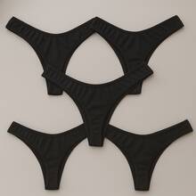 Set Of 5 Cotton Thong Panties, All Black, Seamless - Multicolor - View 2