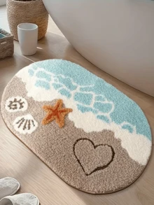 1 pieza Alfombra de baño ovalada - Tema oceánico, decorada con estrellas de mar y patrones de corazón, adecuada para todas las estaciones, regalo de decoración del hogar para el Día de la Madre y la graduación, alfombra de baño, decoración con tema oceánico - Multicolor - Ver 9